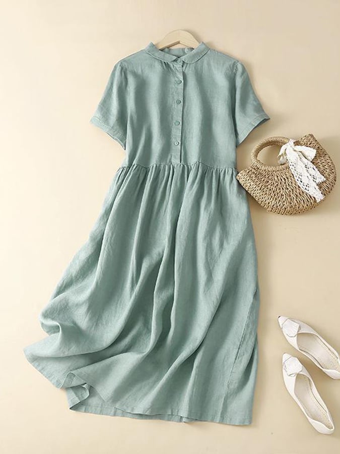 Cotton Linen Short Sleeved Solid Color Casual Dress