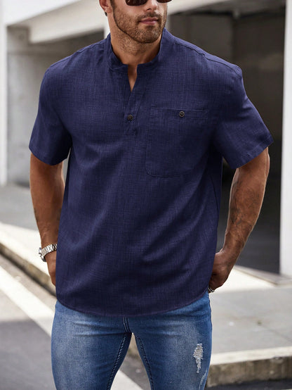 Men's Plus Size Solid Color Notched Collar Short Sleeve Casual Shirt