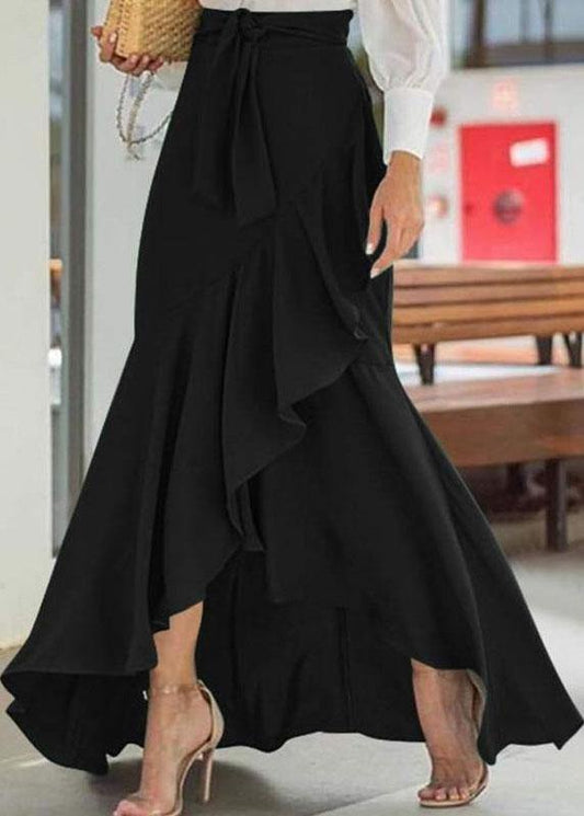 Solid Color High Waist Ruffle High Low Hem Swing Maxi Skirts For Women