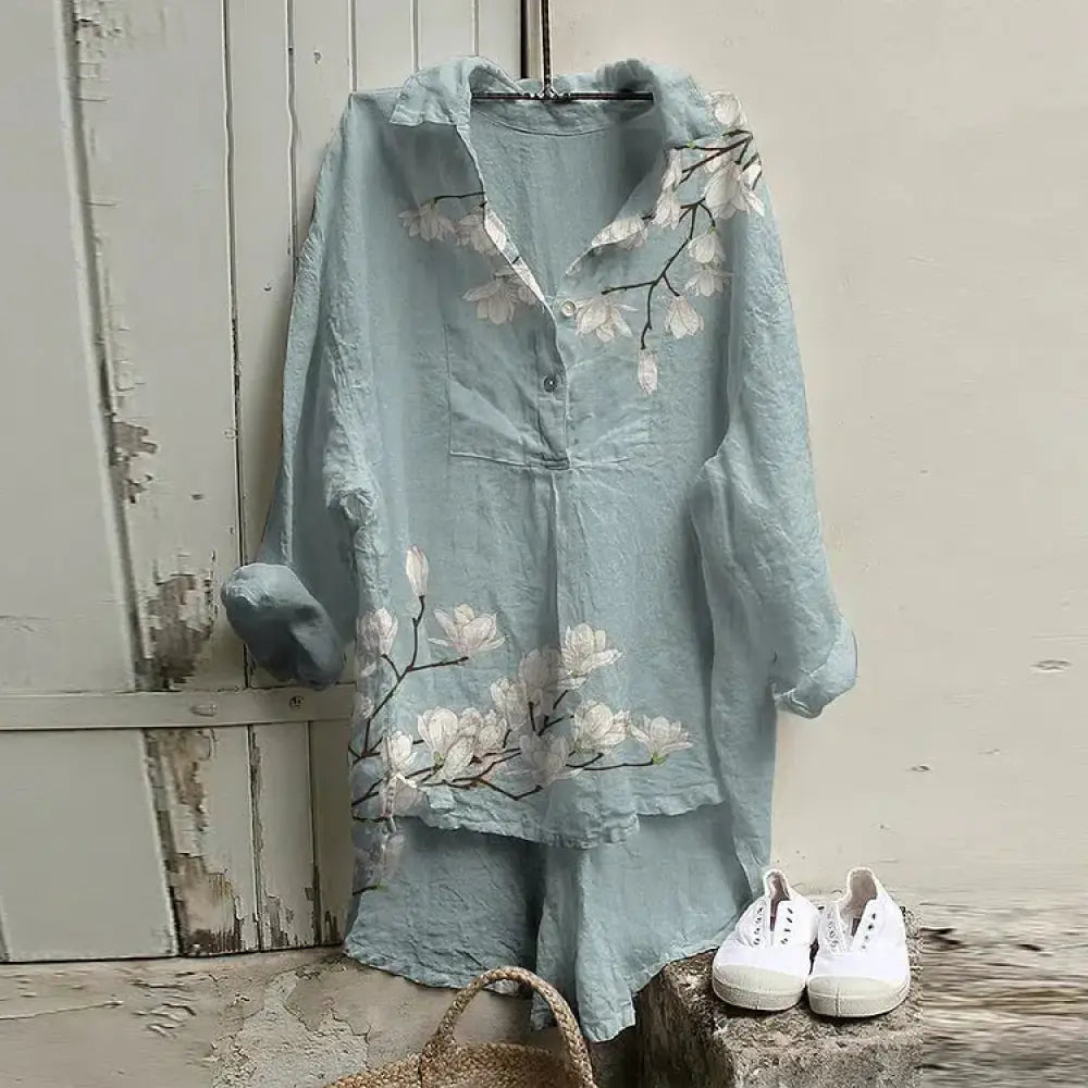 Blue Long Sleeve Floral Print Top