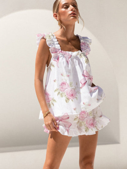 Rose Bow Print Ruffled Trim Short Tank Top Shorts Pajama Set