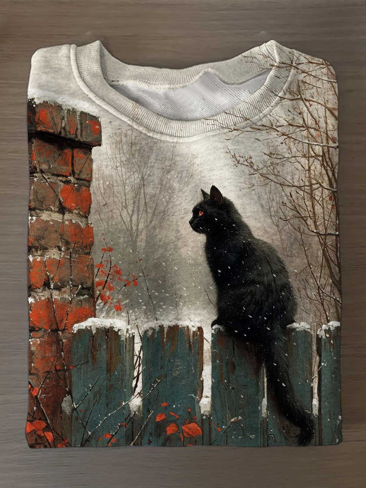 Winter Cat Printed Long Sleeve Casual Top
