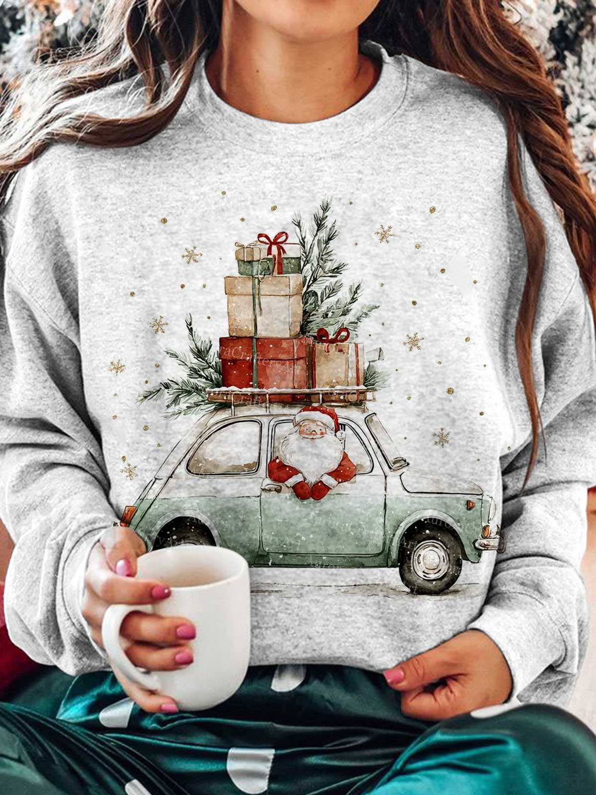 Christmas Truck Printed Long Sleeve Casual Top