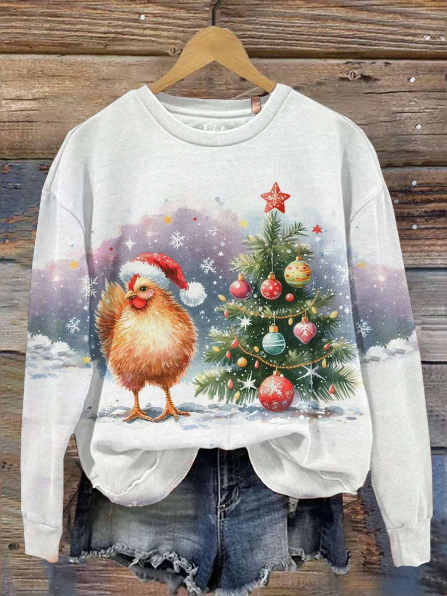 Christmas Hen Print Crew Neck Sweatshirt