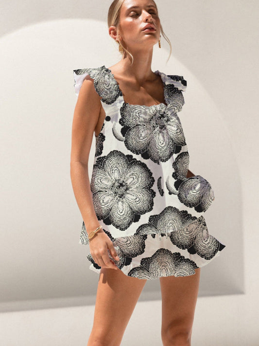 Black Halo Flower Print Ruffled Trim Short Tank Top Shorts Pajama Set