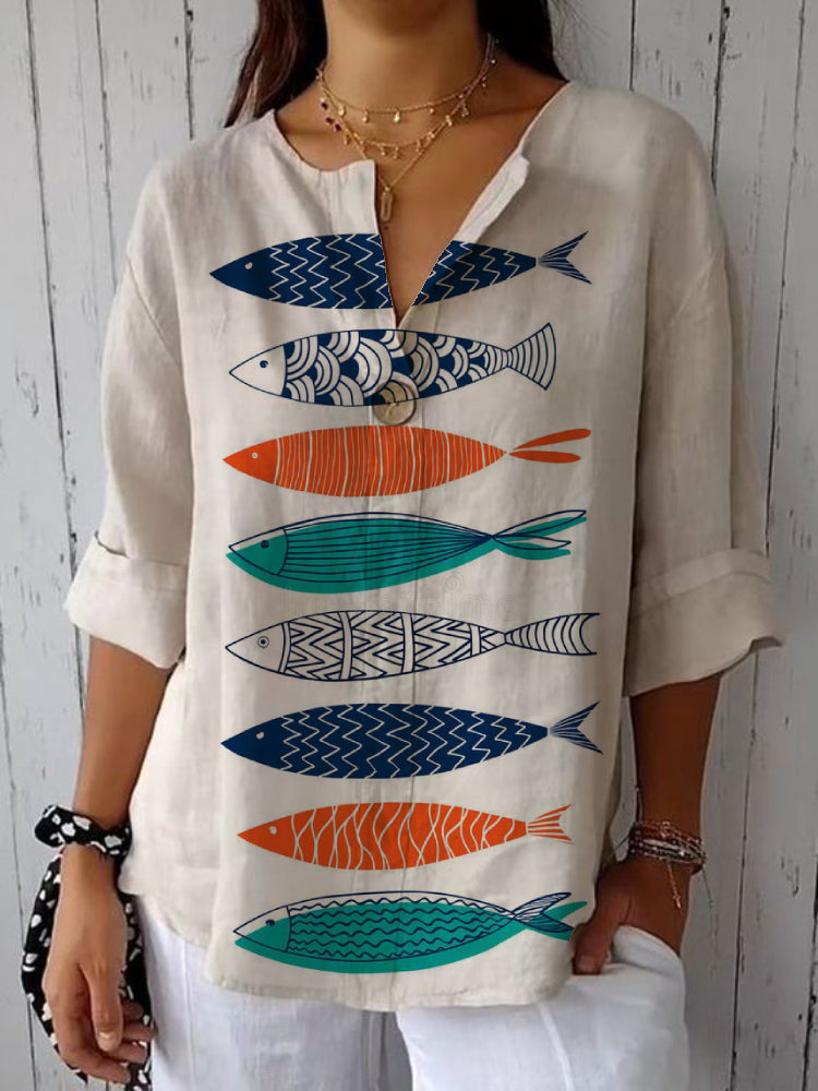 Women's Art Fish Print Casual Cotton Linen Shirt