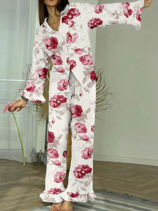 Women's Floral Print Casual Ruffle Pajama Set