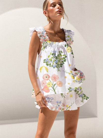 Colorful Flowers Print Ruffled Trim Short Tank Top Shorts Pajama Set