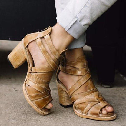 Vintage Buckle Strap Chunky Heel Sandals