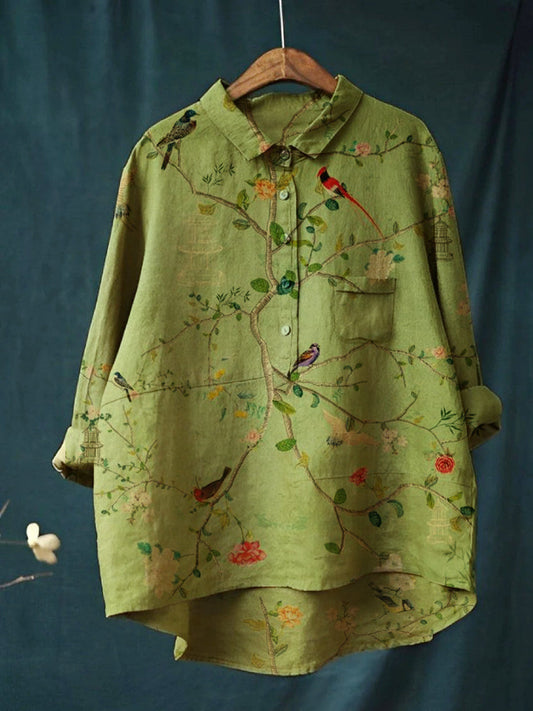 Women's Birds & Floral Casual Cotton And Linen Shirt