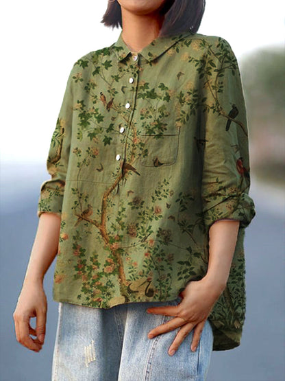 Women's Print Floral Casual Cotton And Linen Shirt