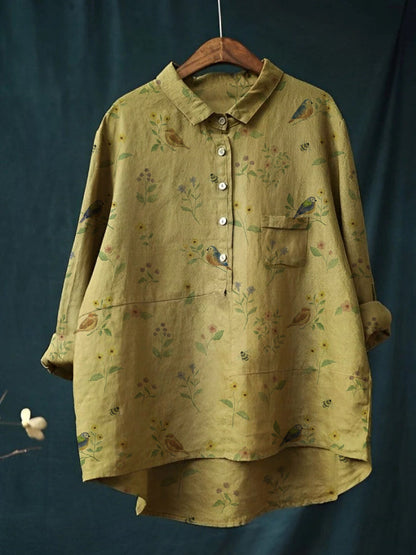 Women's Birds Print Casual Cotton And Linen Shirt