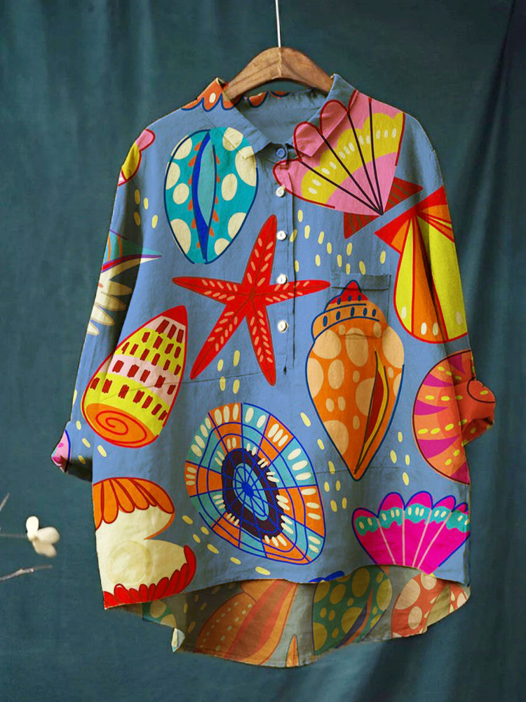 Women's Vibrant Summer Sea Shells Pattern Printed Cotton And Linen Shirt