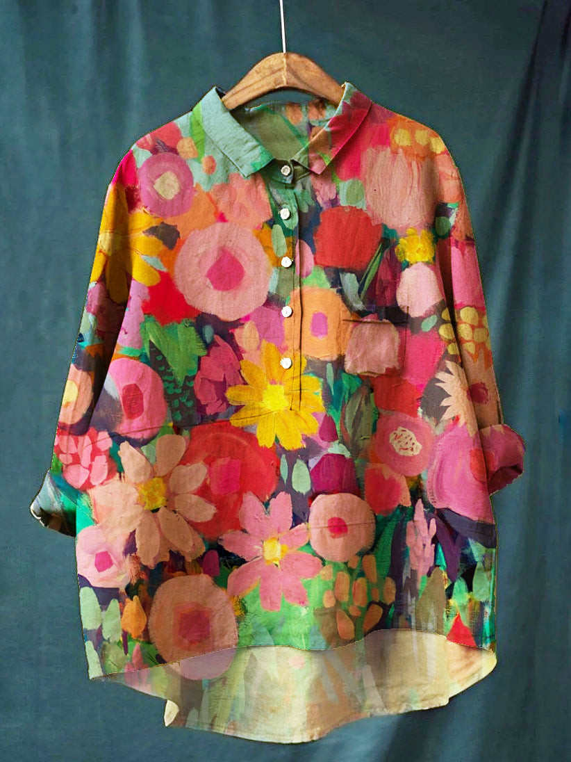 Women's Casual Daisy Floral Cotton And Linen Shirt