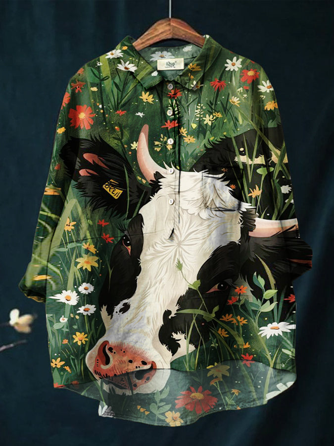 Women's Green Flower Cow Print Casual Cotton And Linen Shirt