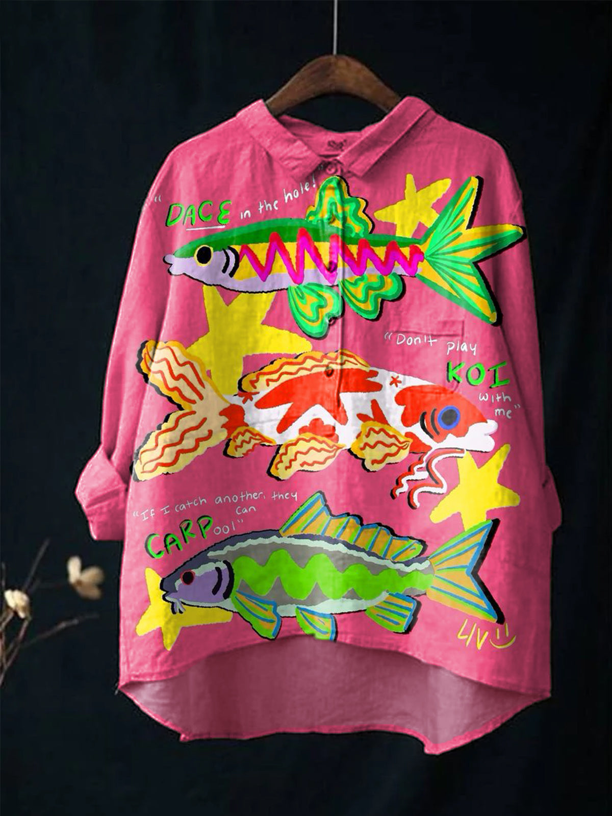 Women's Color Fish Art Print Casual Cotton And Linen Shirt