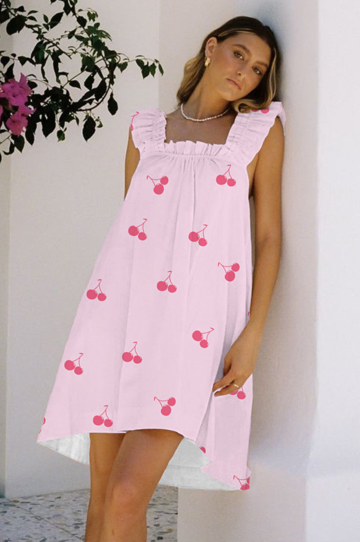 Women's Pink Cherry Printed Ruffle Mid-Length Nightgown