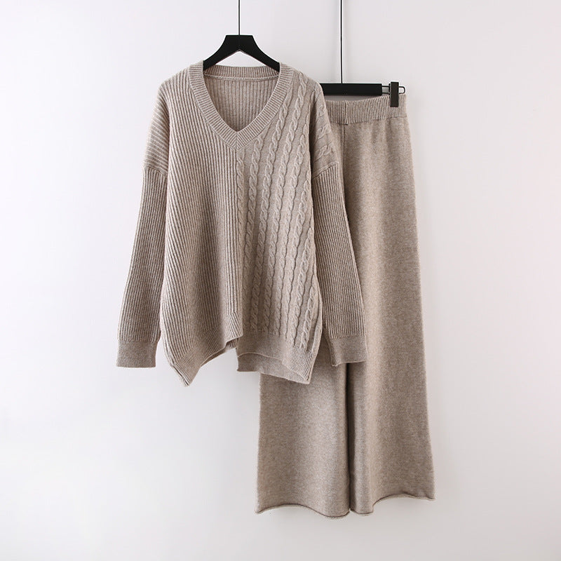 Irregular sweater knitted wide-leg pants two-piece set