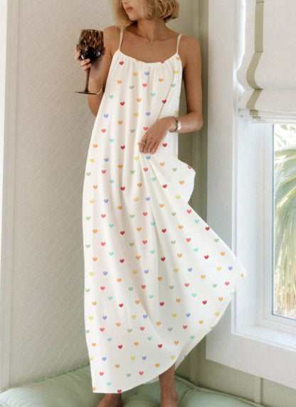 Colorful Love Printed Long Neckline Pleated Nightgown