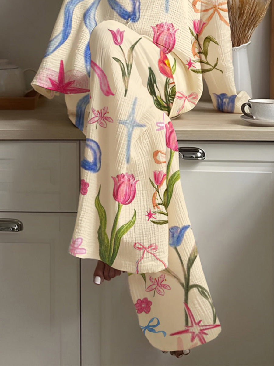 Women's Bow Tulip Flowers Art Pajama Set