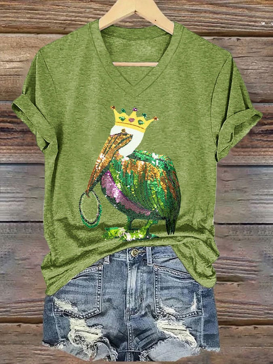 Mardi Gras Pelican Crown  Print V Neck T-Shirt