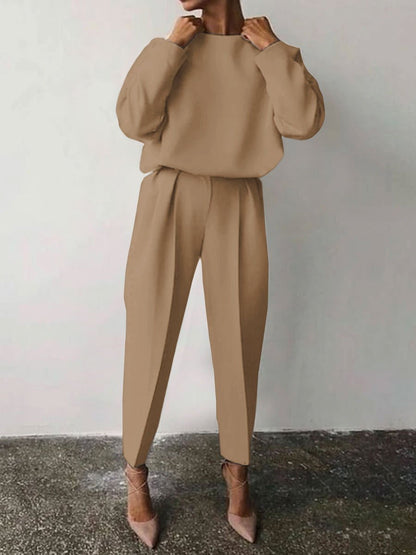 Casual Solid Color Round Neck Pencil Pants Suit