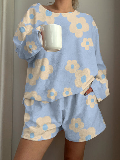 Blue Flowers Printed Long-Sleeved Shorts Loungewear Set