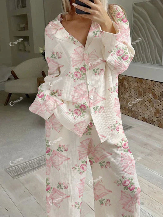 Women's Pink Flower Bow Pajama Set