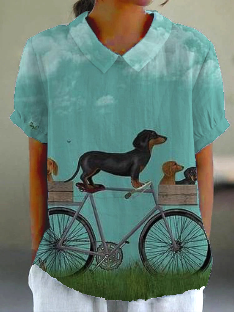 Women's Carton Dog Print Casual Cotton And Linen Short Sleeves Shirt