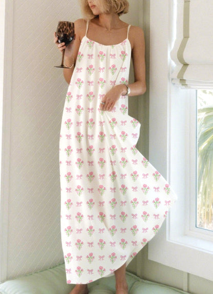Flower Bow Printed Long Neckline Pleated Nightgown