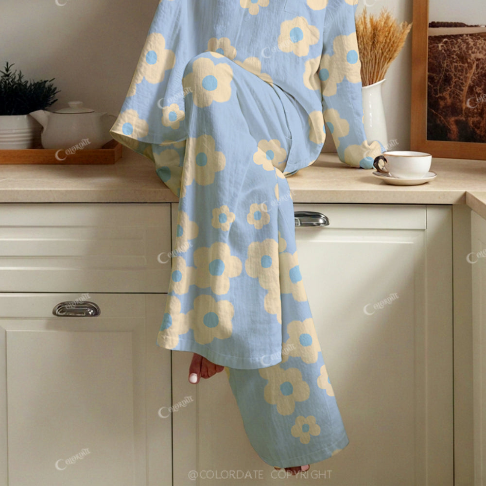 Colordate Women's Yellow Fresh Flowers Print Cotton Cardigan Homewear Set