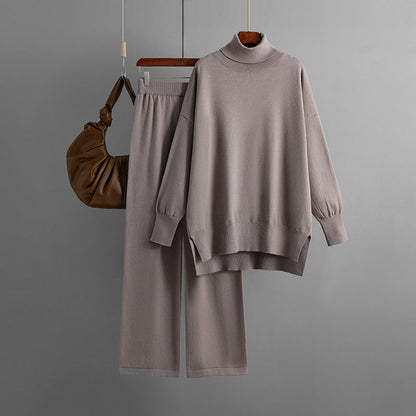 Turtleneck slit sweater casual knitted two-piece set