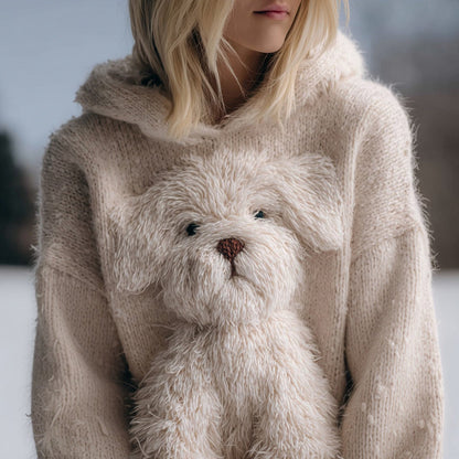 Cute Fuzzy Dog Embroidered Cozy Hooded Sweater