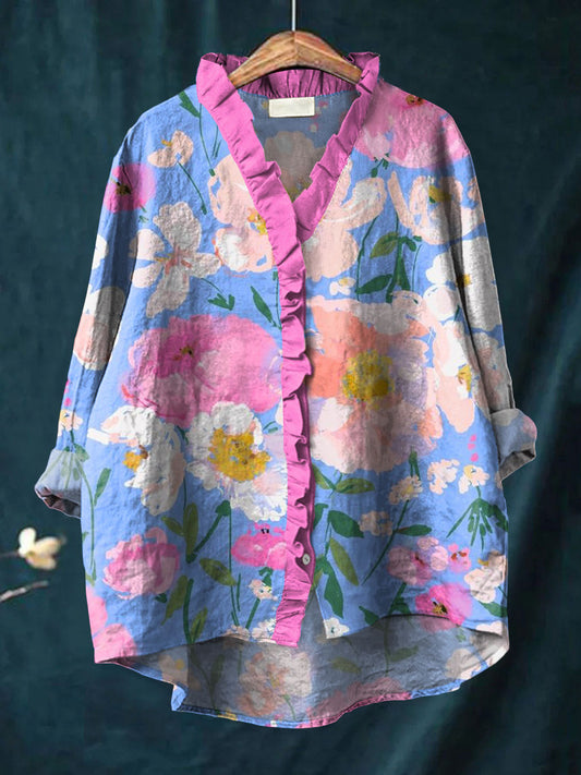 Women's Vintage Floral Art Print Casual Cotton And Linen Ruffle Shirt