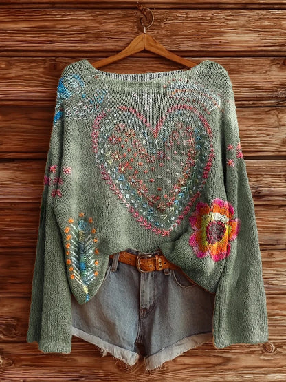 Women's Vintage Bohemian Floral Art Print Casual V Neck Long Sleeve Tops