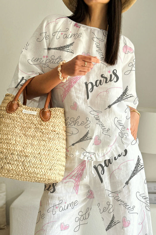 Women's Ruffled Romantic Paris Printed Pajama Set