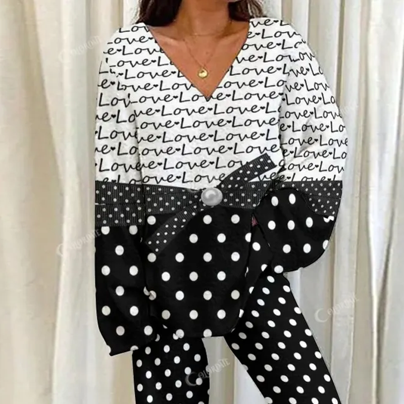 Valentine's Day Bow Pearl Love Letter Polka Dot Color Block Loungewear Set For Women