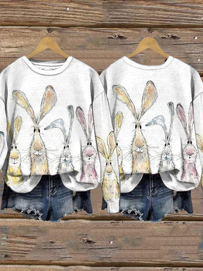 Women'S Watercolor Bunny Print Long Sleeve Sweatshirt