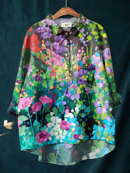 Women's Watercolor Flower Colorblock Print Casual Cotton And Linen Shirt