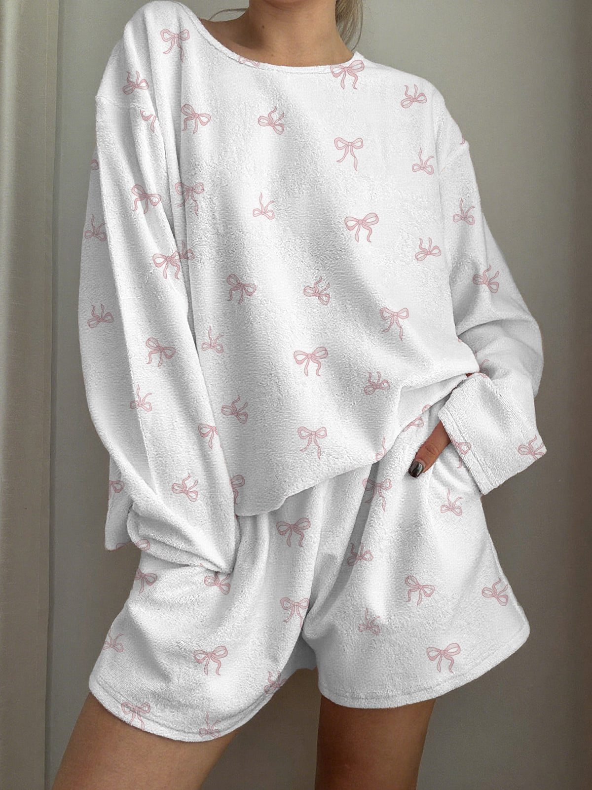 Little Pink Bow Printed Long-Sleeved Shorts Loungewear Set