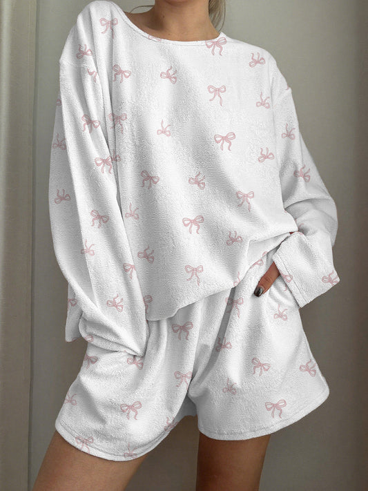 Little Pink Bow Printed Long-Sleeved Shorts Loungewear Set