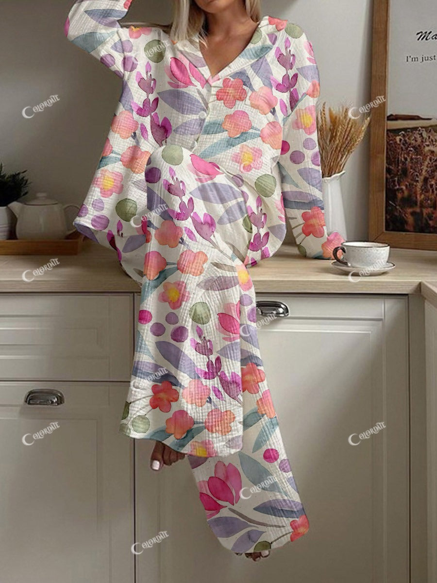 Women's Watercolor Floral Print Loose Loungewear Set