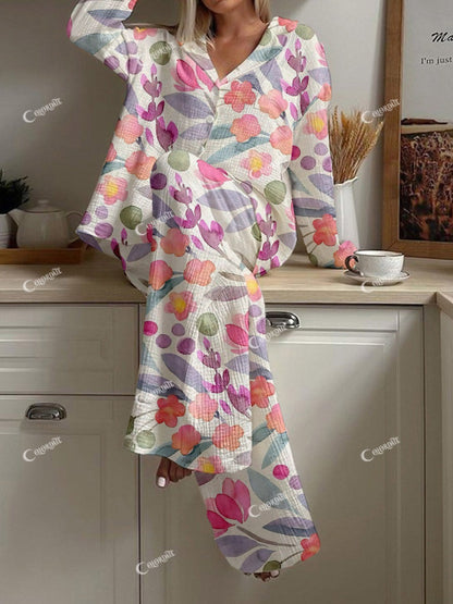 Women's Watercolor Floral Print Loose Loungewear Set