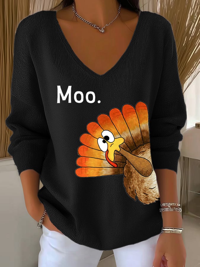 Women's Thanksgiving Turkey Moo Print Knit Top