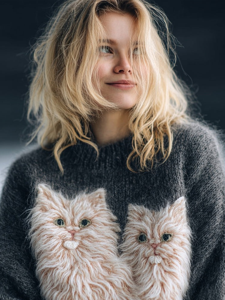Cute Fuzzy Cats Pattern Crew Neck Cozy Knit Sweater