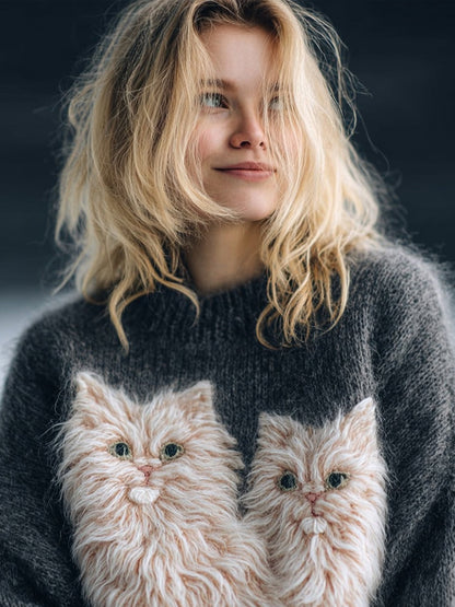 Cute Fuzzy Cats Pattern Crew Neck Cozy Knit Sweater