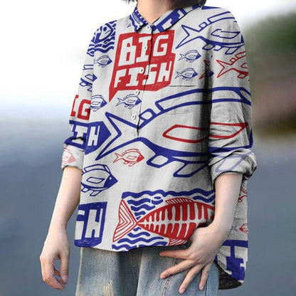 Women's Big Fish Print Casual Cotton And Linen Shirt