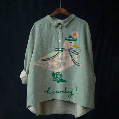 Women's Howdy Duck Print Casual Cotton And Linen Shirt