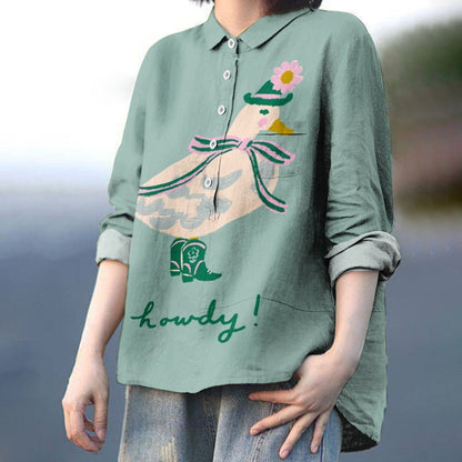 Women's Howdy Duck Print Casual Cotton And Linen Shirt