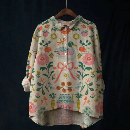 Women's Flowers Print Casual Cotton And Linen Shirt